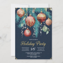 Gold Baubles Christmas Tree Party Invitation Kaart