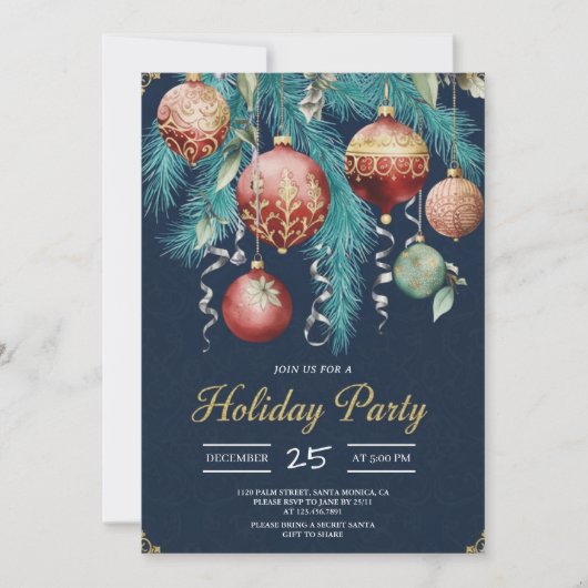 Gold Baubles Christmas Tree Party Invitation Kaart (Voorkant)