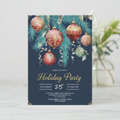 Gold Baubles Christmas Tree Party Invitation Kaart (Staand voorkant)