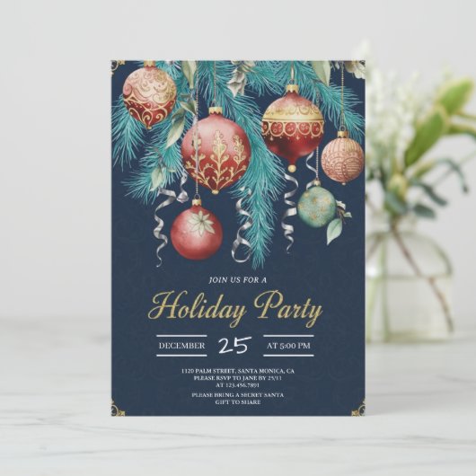 Gold Baubles Christmas Tree Party Invitation Kaart (Staand voorkant)