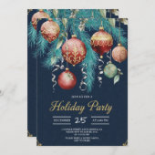 Gold Baubles Christmas Tree Party Invitation Kaart (Voorkant / Achterkant)