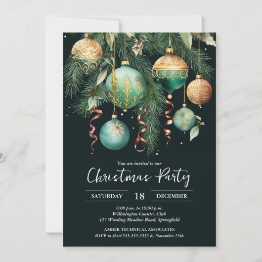 Gold Baubles Christmas Tree Party Invitation Kaart (Voorkant)