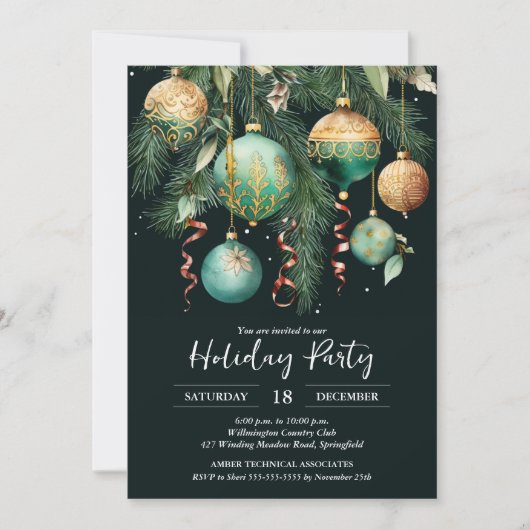 Gold Baubles Kerstboom Party Kaart (Voorkant)