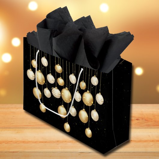 Gold Baubles kerstboomversieringen op zwart Groot Cadeauzakje