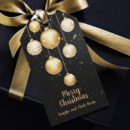 Gold Baubles kerstversieringen op Black Favor Cadeaulabel