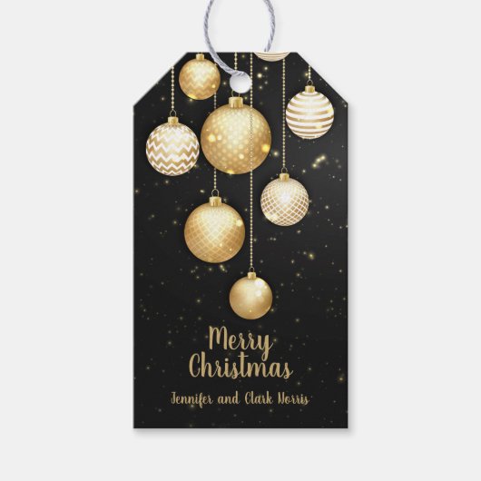 Gold Baubles kerstversieringen op Black Favor Cadeaulabel (Voorkant)