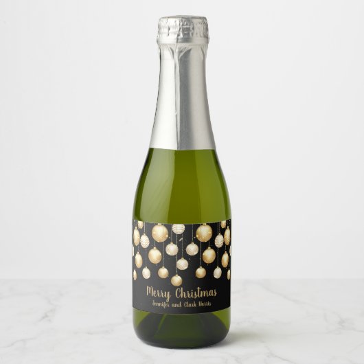 Gold Baubles kerstversieringen op Black Mini Sparkling Wijnetiket (Voorkant)