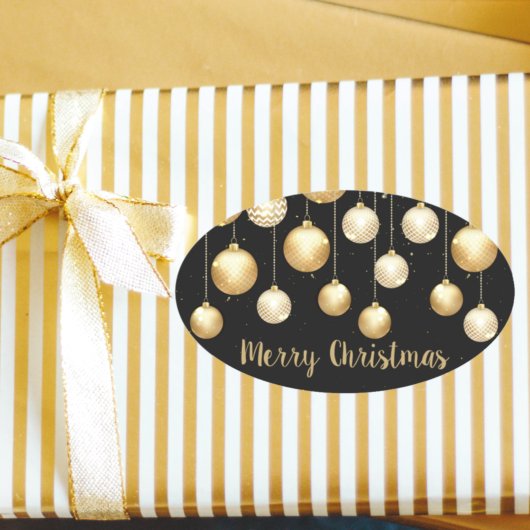 Gold Baubles kerstversieringen op zwart Ovale Sticker