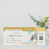 Gold Beach Boarding Pass bruiloft Save The Date (Staand voorkant)