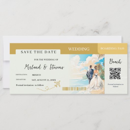 Gold Beach Boarding Pass bruiloft Save The Date (Voorkant)
