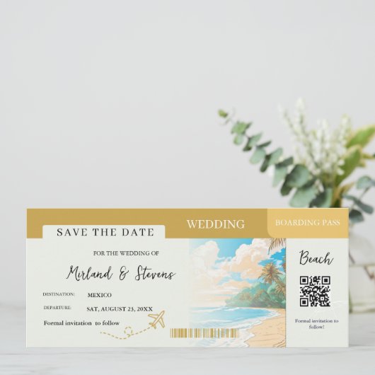 Gold Beach Boarding Pass bruiloft Save The Date (Staand voorkant)