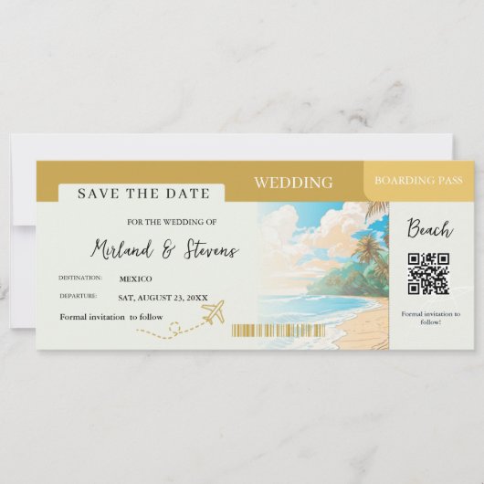 Gold Beach Boarding Pass bruiloft Save The Date (Voorkant)