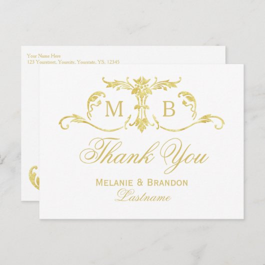 Gold Bedankt briefkaarten Monogram bruiloft set (Voorkant / Achterkant)