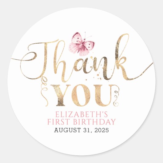 Gold Bedankt en Roze Butterfly Ronde Sticker (Voorkant)