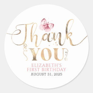 Gold Bedankt en Roze Butterfly Ronde Sticker