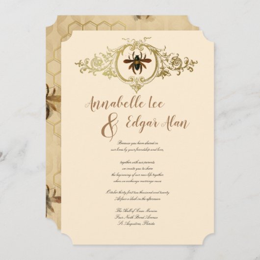 Gold Bee and Honeycomb Ornamental Invitation Kaart (Voorkant / Achterkant)