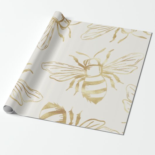 Gold Bee Design, op Cream Background Cadeaupapier (Uitgerold)