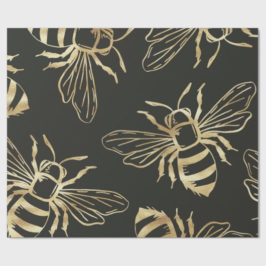 Gold Bee Design, op zwarte achtergrond. Cadeaupapier (Vlak)