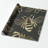 Gold Bee Design, op zwarte achtergrond. Cadeaupapier (Uitgerold)