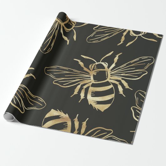 Gold Bee Design, op zwarte achtergrond. Cadeaupapier (Uitgerold)