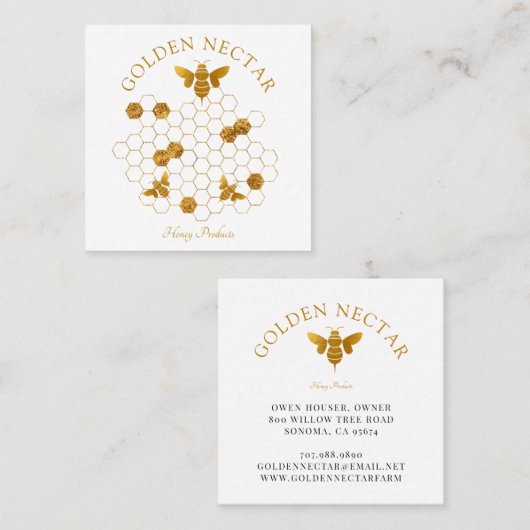 Gold Bee Honeycomb Logo Imker Honing Producten Vierkante Visitekaartje (Voorkant / Achterkant)