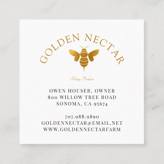 Gold Bee Honeycomb Logo Imker Honing Producten Vierkante Visitekaartje (Achterkant)