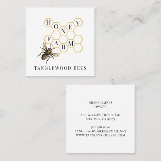 Gold Bee Honingraat Bijenhouder Apiary Visitekaart Vierkante Visitekaartje (Voorkant / Achterkant)