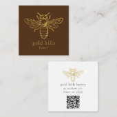 Gold bee QR Code Brown Square Biz Card Vierkante Visitekaartje (Voorkant / Achterkant)