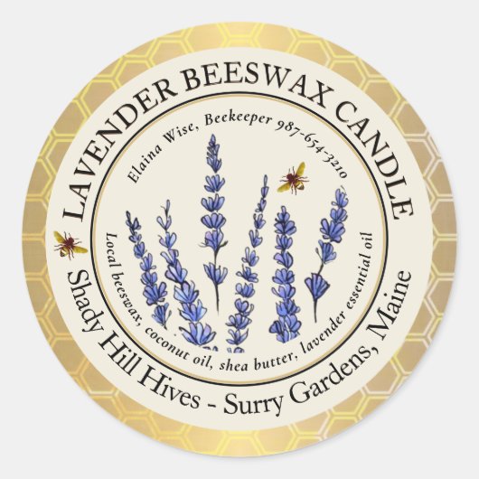 Gold Beeswax-kaarsenetiket Honeycomb Bees Lavender Ronde Sticker (Voorkant)