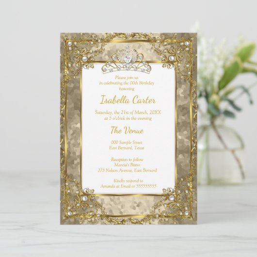 Gold Beige Birthday Party Gold White Tiara Kaart (Staand voorkant)