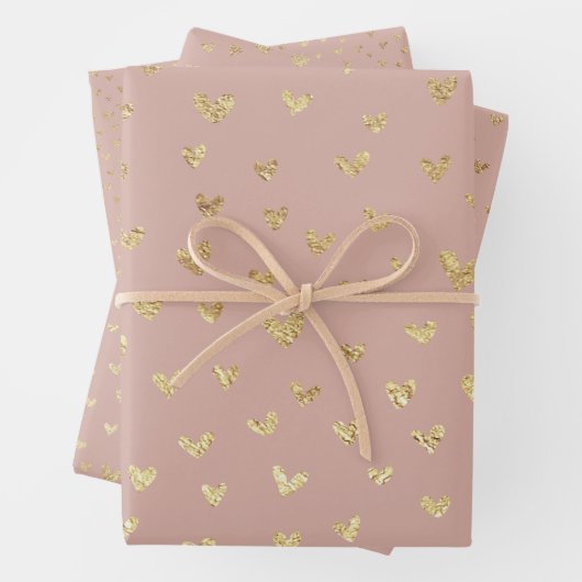 Gold Beige Bohemian Hearts Wrapping Paper Sheets (In situ)