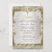  Gold Beige Damask Cross Baptisme Foto Kaart (Voorkant)
