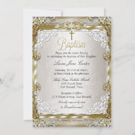 Gold Beige Damask Cross Baptisme Foto Kaart