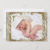  Gold Beige Damask Cross Baptisme Foto Kaart (Achterkant)
