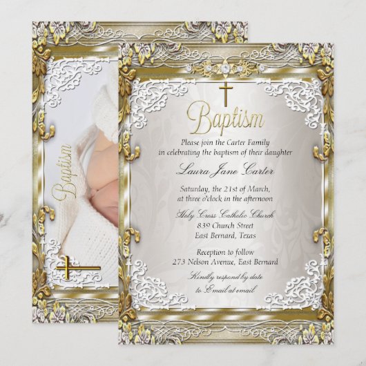  Gold Beige Damask Cross Baptisme Foto Kaart (Voorkant / Achterkant)