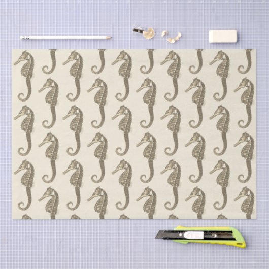 Gold Beige Marine Life zeepaardpatroon Tissuepapier (Craft)