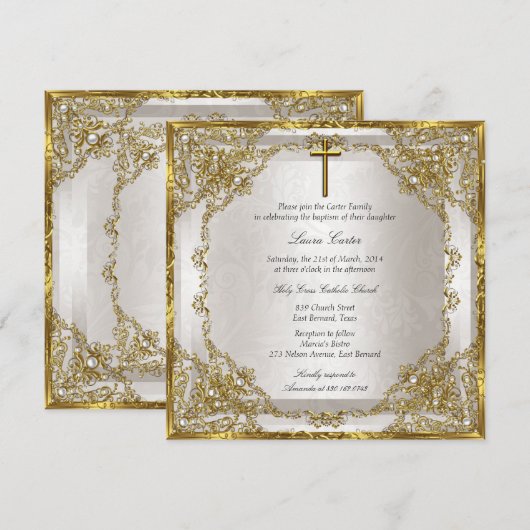 Gold Beige Pearl Damask Cross Baptism/Christening Kaart (Voorkant / Achterkant)