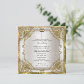 Gold Beige Pearl Damask Cross Baptism/Christening Kaart (Staand voorkant)