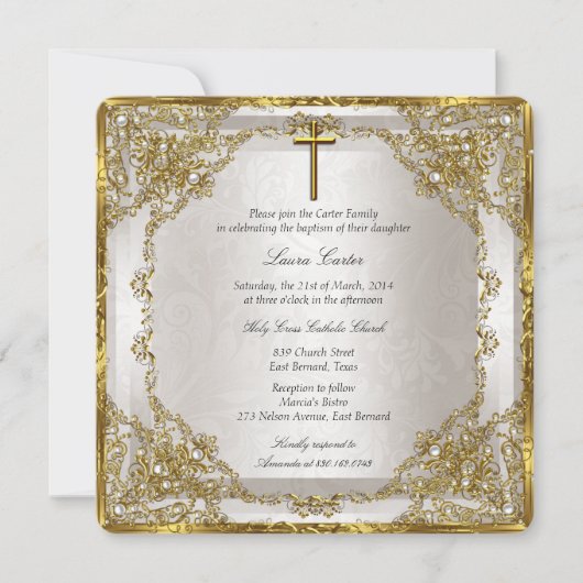 Gold Beige Pearl Damask Cross Baptism/Christening Kaart (Voorkant)