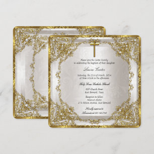 Gold Beige Pearl Damask Cross Baptism/Christening Kaart