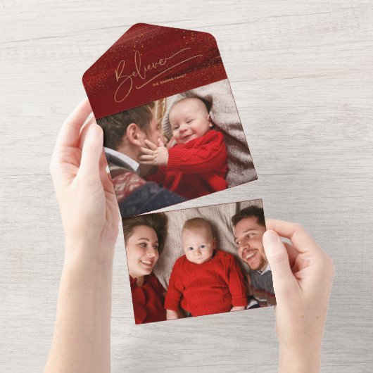 Gold Believe Calligrafie, Sparkles Photo - Red BG All In One Uitnodiging (Afscheurbaar)