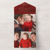 Gold Believe Calligrafie, Sparkles Photo - Red BG All In One Uitnodiging (Binnen)