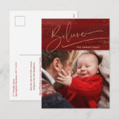 Gold Believe Calligrafie, Sparkles Photo - Red BG Feestdagenkaart (Voorkant / Achterkant)