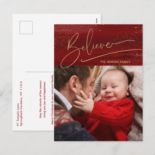 Gold Believe Calligrafie, Sparkles Photo - Red BG Feestdagenkaart (Voorkant / Achterkant)
