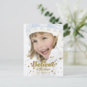 Gold Believe Magic Hand Lettered Holiday Foto Briefkaart (Staand voorkant)