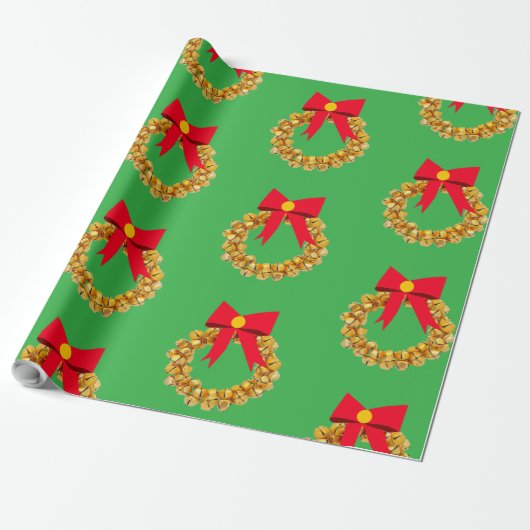 Gold Bells Krans Green Wrapping Paper Cadeaupapier (Uitgerold)