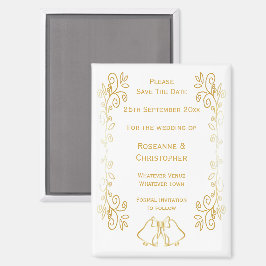 Gold Bells Scrollwork Design Wedding Sla de datum  Magneet