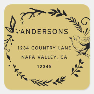 Gold Bird & Botanical krans retouradres Vierkante Sticker