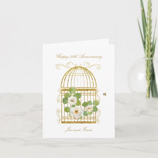 Gold Birdcage met White Roses Wenskaart Bedankkaart (Voorkant)