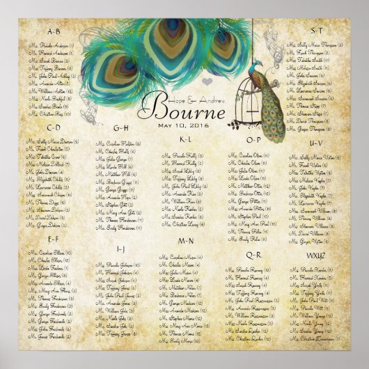 Gold Birdcage Peacock Seating Chart Alfabetical Poster (Voorkant)